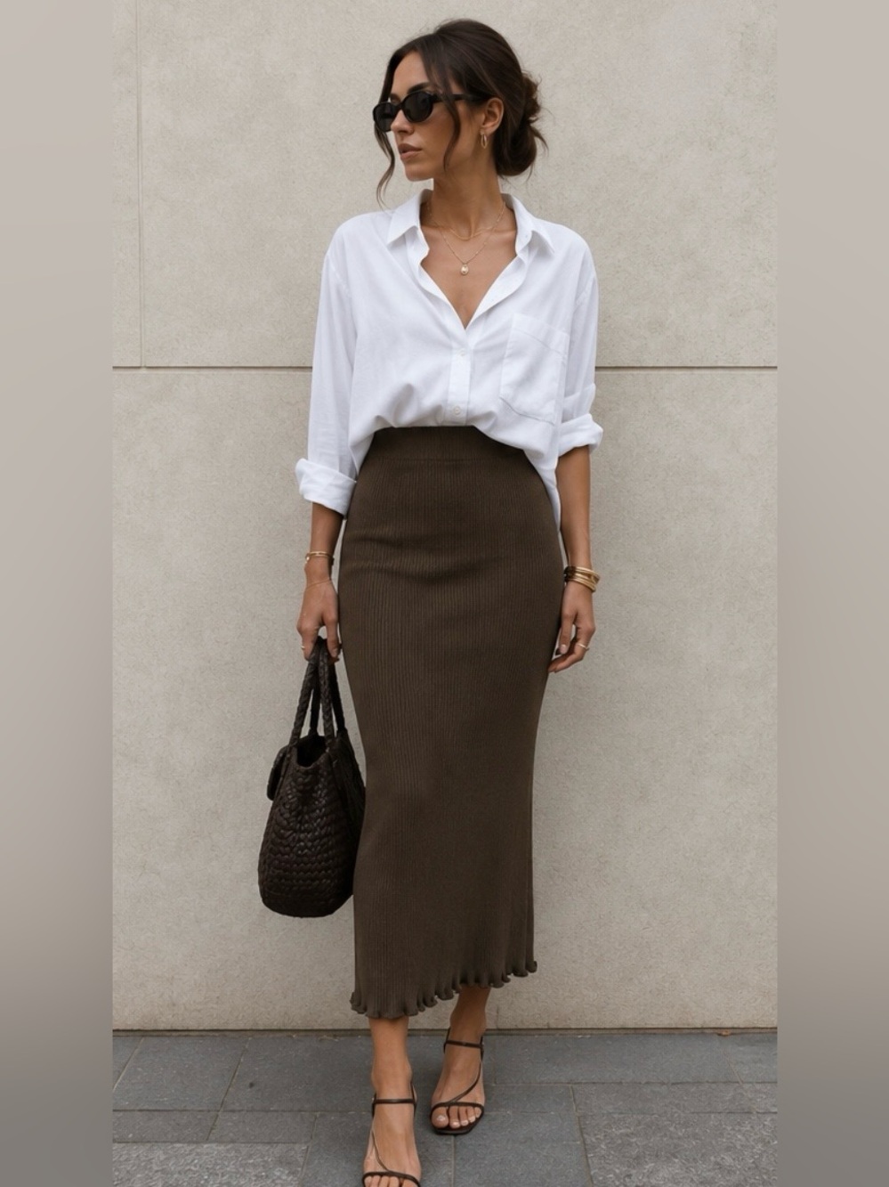 Good American Plaited Ribbed Maxi Skirt in Fog